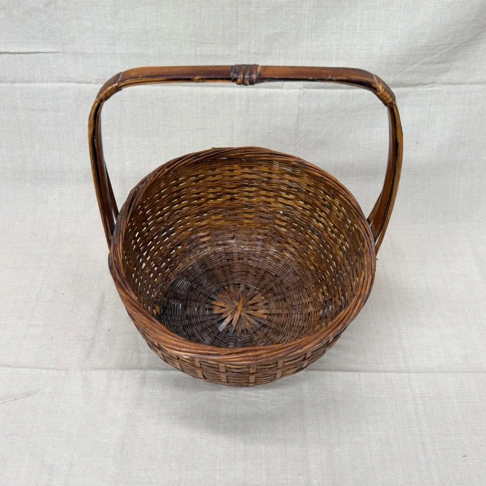 Vintage Woven Bamboo Gathering Basket with Handle Brown Rustic Farmhouse Decor